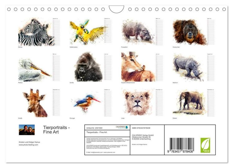 Produktbild: Tierportraits - Fine Art (Wandkalender 2026 DIN A4 quer), CALVENDO Monatskalender