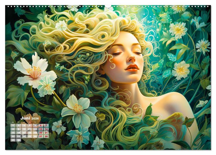 Produktbild: Bl&uuml;tenzauber - Farbenfrohe Illustrationen der G&ouml;ttin Flora (hochwertiger Premium Wandkalender 2026 DIN A2 quer), Kunstdruck in Hochglanz