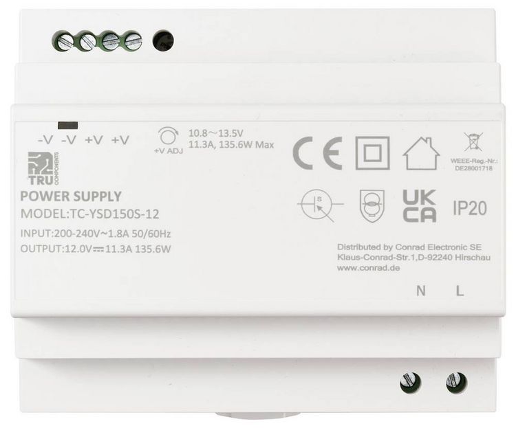 Produktbild: TRU COMPONENTS TC-13710892 Hutschienen-Netzteil (DIN-Rail) Verbrauch (StandBy) 0.3 W 12 V/DC 11.3 A 135.6 W Anzahl Ausg&auml;nge:1 x Inhalt 1 St.