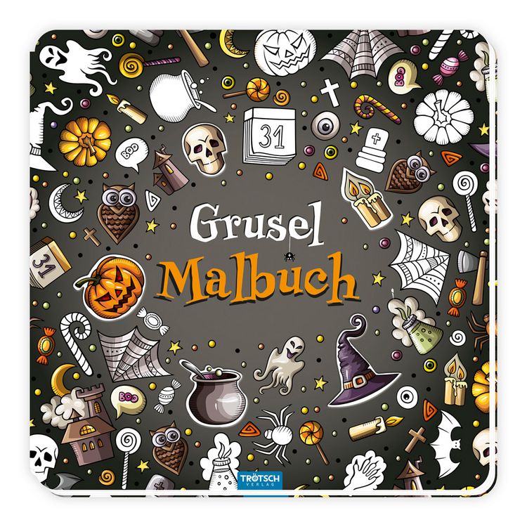 Produktbild: TR&Ouml;TSCH - Gruselmalbuch mit Stickern | Halloween Malbuch mit s&uuml;&szlig;en Gruselmotiven, Stickern und Bastelideen | Halloween Ausmalbilder f&uuml;r Buntstifte, Wasserfarben und Wachsmalstifte | Ab 5 Jahren