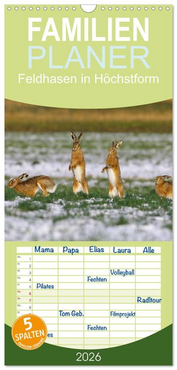 Produktbild: Familienplaner 2026 - Feldhasen in H&ouml;chstform mit 5 Spalten (Wandkalender, 21 x 45 cm) CALVENDO