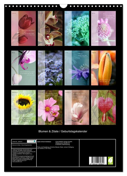 Produktbild: Blumen & Zitate / Geburtstagskalender (Wandkalender 2026 DIN A3 hoch), CALVENDO Monatskalender