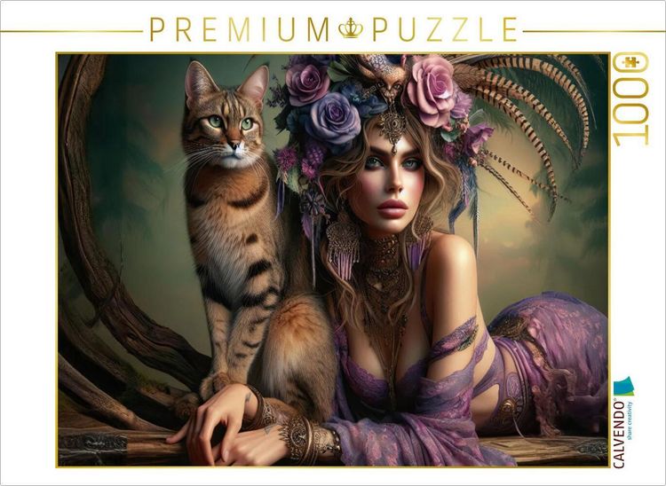 Produktbild: CALVENDO Puzzle Frau liegt auf dem Bauch, neben sich eine anmutige Katze | 1000 Teile Lege-Gr&ouml;&szlig;e 64x48cm Foto-Puzzle f&uuml;r gl&uuml;ckliche Stunden