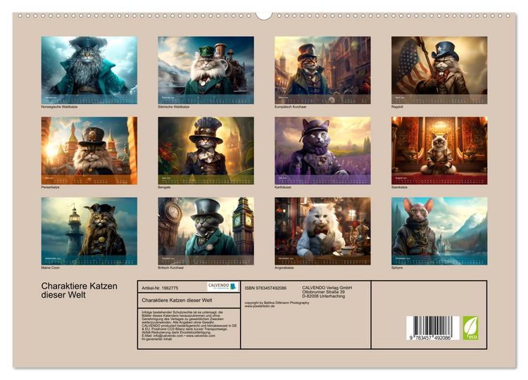 Produktbild: Charaktiere Katzen dieser Welt (hochwertiger Premium Wandkalender 2026 DIN A2 quer), Kunstdruck in Hochglanz