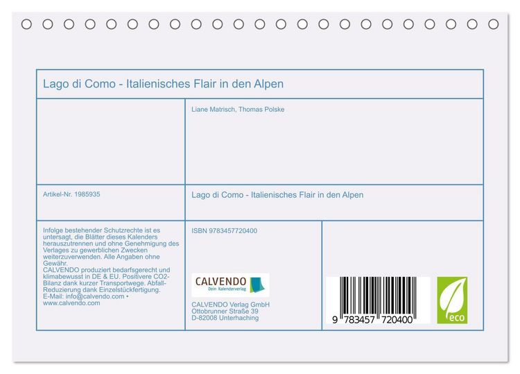 Produktbild: Lago di Como - Italienisches Flair in den Alpen (Tischkalender 2026 DIN A5 quer), CALVENDO Monatskalender