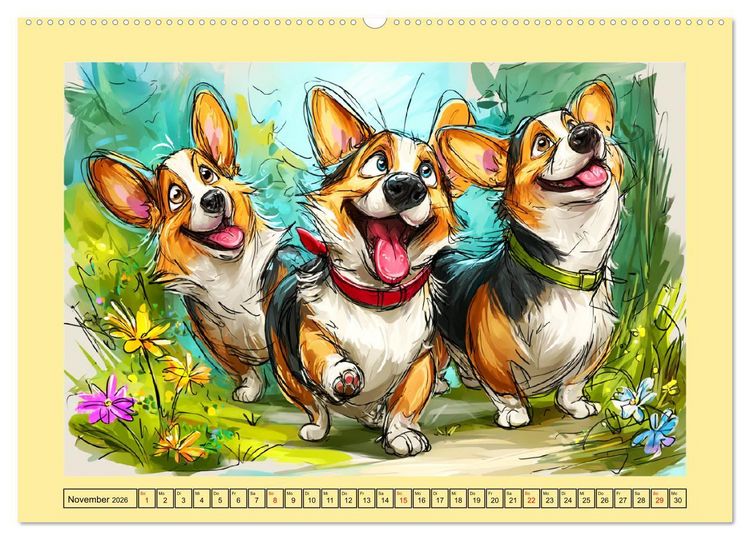 Produktbild: Lustige Corgis. Niedliche Cartoons von gl&uuml;cklichen Hunden (hochwertiger Premium Wandkalender 2026 DIN A2 quer), Kunstdruck in Hochglanz