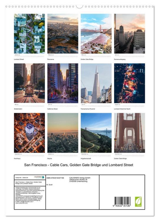 Produktbild: San Francisco - Cable Cars, Golden Gate Bridge und Lombard Street (Wandkalender 2026 DIN A2 hoch), CALVENDO Monatskalender