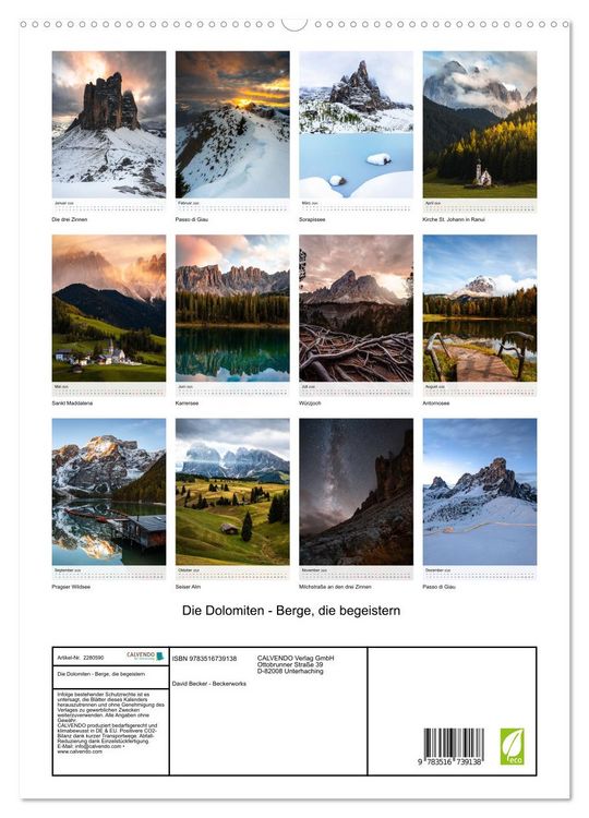 Produktbild: Die Dolomiten - Berge, die begeistern (hochwertiger Premium Wandkalender 2026 DIN A2 hoch), Kunstdruck in Hochglanz
