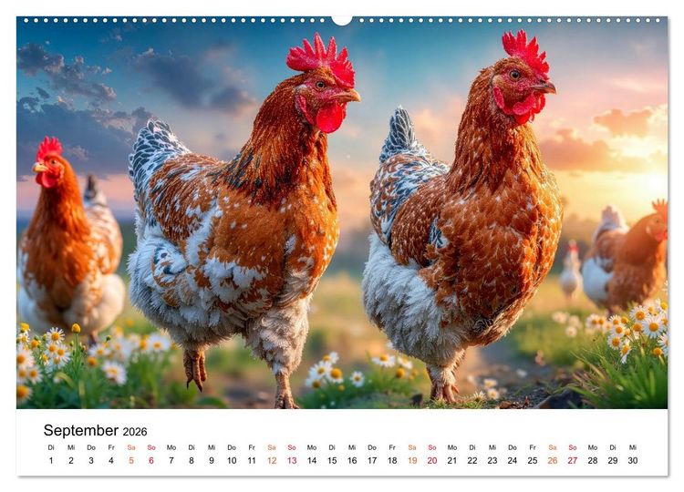 Produktbild: H&uuml;hner - gefiedert durchs Jahr (hochwertiger Premium Wandkalender 2026 DIN A2 quer), Kunstdruck in Hochglanz