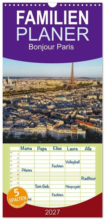 Produktbild: Familienplaner 2027 - Bonjour Paris mit 5 Spalten (Wandkalender, 21 x 45 cm) CALVENDO