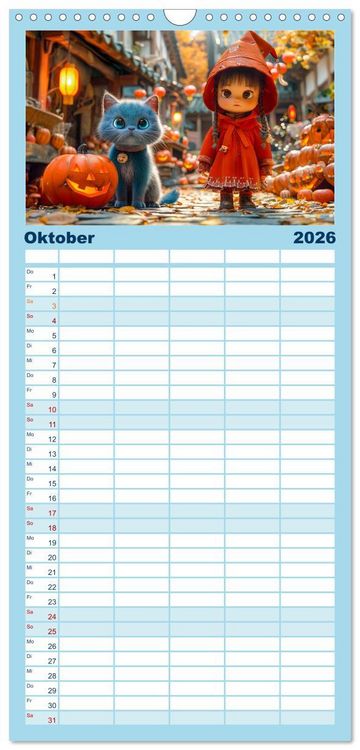 Produktbild: Familienplaner 2026 - Lina und die Katzen - Magische Abenteuer in niedlichen Szenen mit 5 Spalten (Wandkalender, 21 x 45 cm) CALVENDO