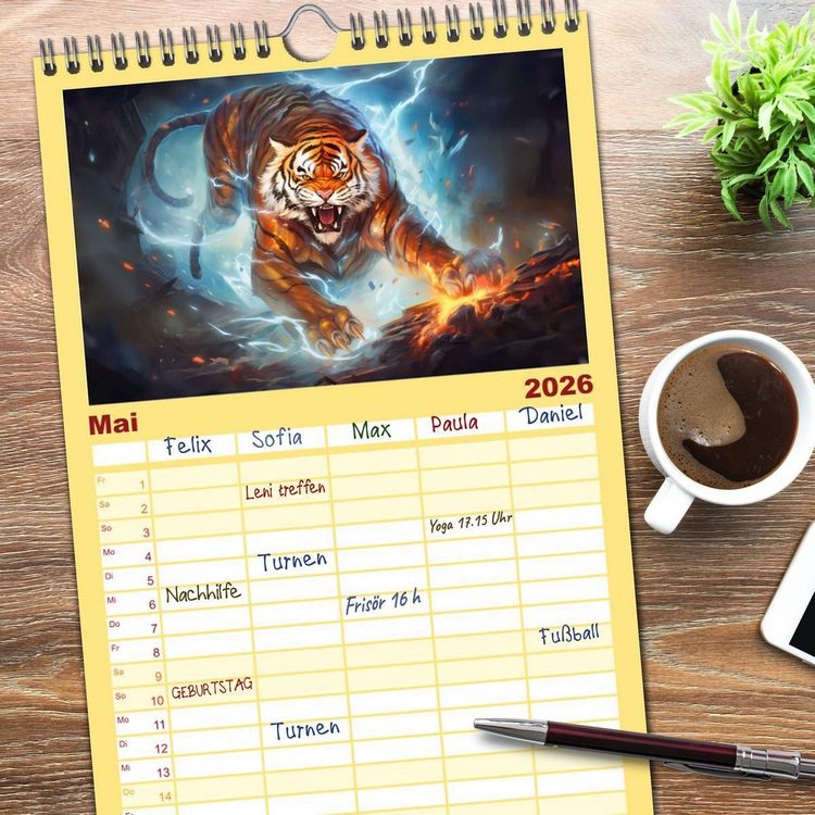 Produktbild: Familienplaner 2026 - Jahr des Tigers - Portr&auml;ts des chinesischen Tierkreiszeichens mit 5 Spalten (Wandkalender, 21 x 45 cm) CALVENDO
