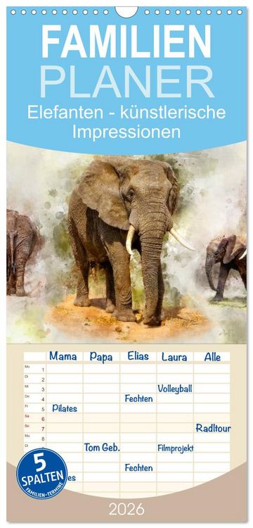 Produktbild: Familienplaner 2026 - Elefanten - k&uuml;nstlerische Impressionen der gr&ouml;&szlig;ten noch lebenden Landtiere mit 5 Spalten (Wandkalender, 21 x 45 cm) CALVENDO