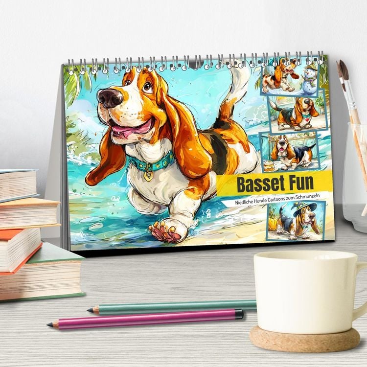 Produktbild: Basset Fun. Niedliche Hunde Cartoons zum Schmunzeln (Tischkalender 2026 DIN A5 quer), CALVENDO Monatskalender