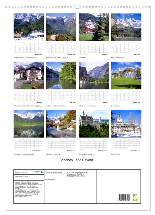 Produktbild: Sch&ouml;nes Land Bayern (Wandkalender 2026 DIN A2 hoch), CALVENDO Monatskalender