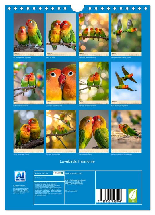 Produktbild: Lovebirds Harmonie (Wandkalender 2027 DIN A4 hoch), CALVENDO Monatskalender