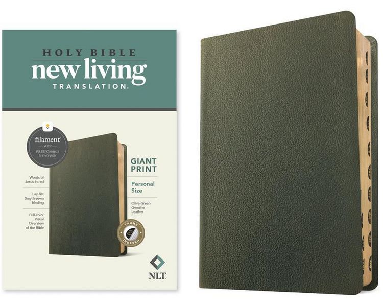 Produktbild: NLT Personal Size Giant Print Bible, Filament Enabled (Genuine Leather, Olive Green, Indexed, Red Letter)