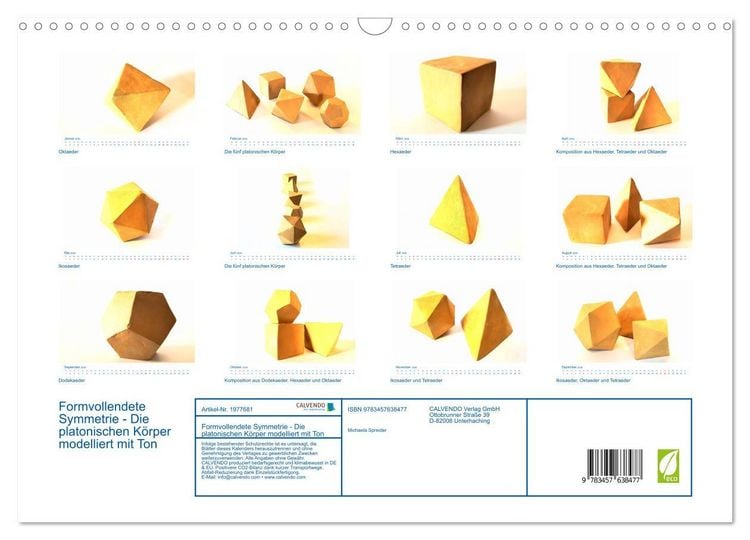 Produktbild: Formvollendete Symmetrie - Die platonischen K&ouml;rper modelliert mit Ton (Wandkalender 2026 DIN A3 quer), CALVENDO Monatskalender