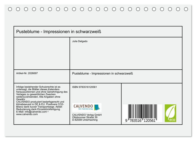Produktbild: Pusteblume - Impressionen in schwarzwei&szlig; (Tischkalender 2026 DIN A5 quer), CALVENDO Monatskalender