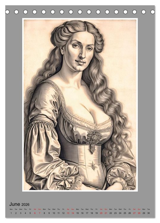 Produktbild: Baroque Beauties, Pencil Art with Artificial Intelligence (Desk Calendar 2026 DIN A5 portrait), CALVENDO 12 Month DeskCalendar