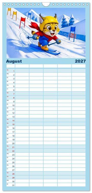 Produktbild: Familienplaner 2027 - Tierischer Wintersport - Lustige Tiere im Schnee mit 5 Spalten (Wandkalender, 21 x 45 cm) CALVENDO