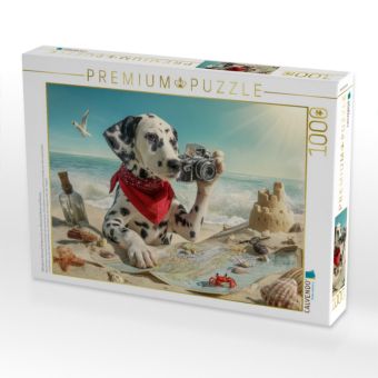 Produktbild: CALVENDO Puzzle Dalmatiner Hund auf Schatzsuche am Strand mit Karte und Kamera | 1000 Teile Lege-Gr&ouml;&szlig;e 64x48cm Foto-Puzzle f&uuml;r gl&uuml;ckliche Stunden
