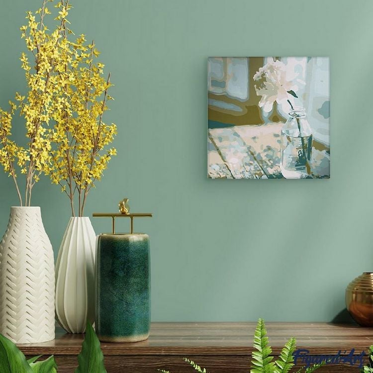 Produktbild: FiguredArt SFA085-Y - Mini Malen nach Zahlen, Wei&szlig;e Blume, Leinwand-Keilrahmen 20x20cm, DIY Bastelset, Paint by Numbers
