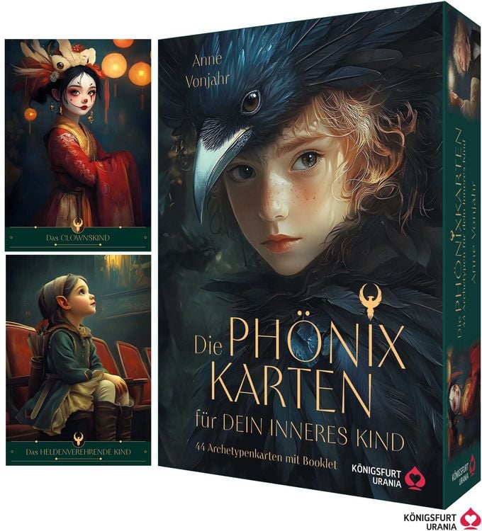 Produktbild: Die Ph&ouml;nixkarten f&uuml;r dein Inneres Kind - 44 Archetypenkarten und 192-seitiges farbiges Booklet
