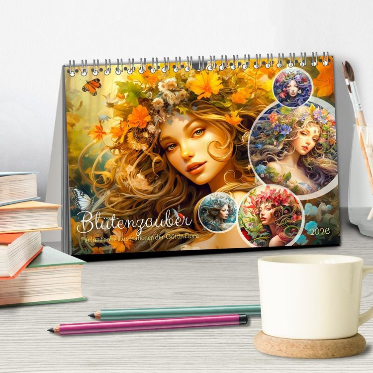 Produktbild: Bl&uuml;tenzauber - Farbenfrohe Illustrationen der G&ouml;ttin Flora (Tischkalender 2026 DIN A5 quer), CALVENDO Monatskalender