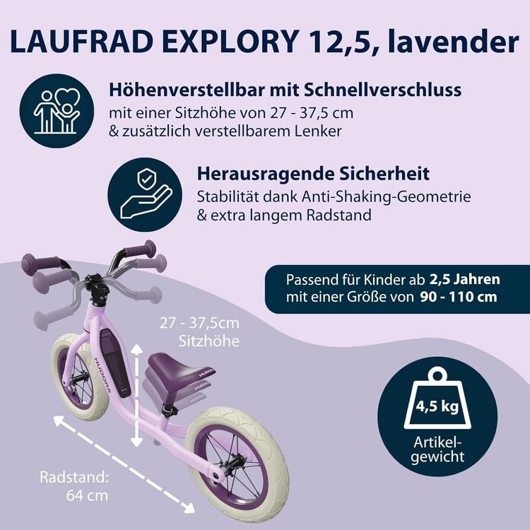 Produktbild: HUDORA 10931 - Laufrad Explory 12 lavender, f&uuml;r Kinder von 90-110 cm, Sitzh&ouml;he: 27-37,5 cm