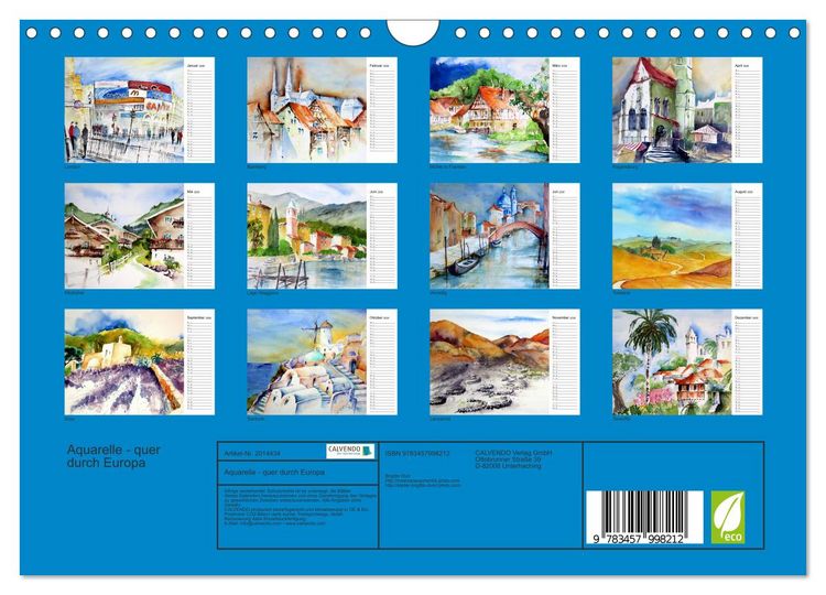 Produktbild: Aquarelle - quer durch Europa (Wandkalender 2026 DIN A4 quer), CALVENDO Monatskalender