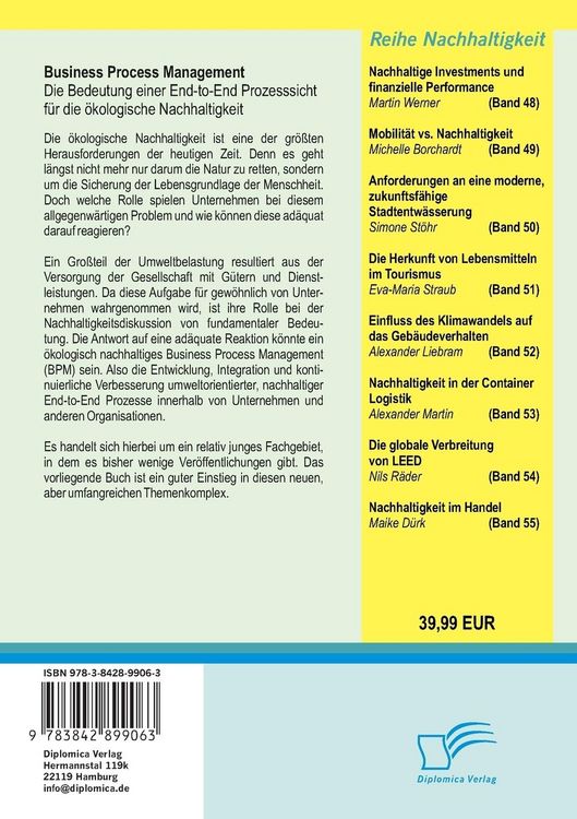 Produktbild: Business Process Management: Die Bedeutung einer End-to-End Prozesssicht f&uuml;r die &ouml;kologische Nachhaltigkeit