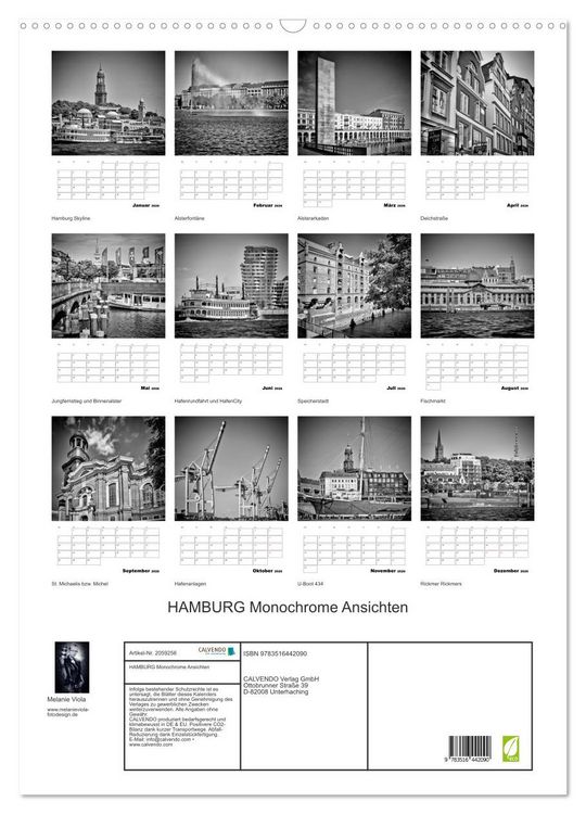 Produktbild: HAMBURG Monochrome Ansichten (Wandkalender 2026 DIN A2 hoch), CALVENDO Monatskalender