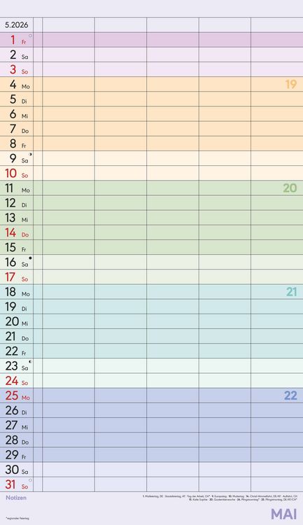 Produktbild: Superplaner Farbenfroh 2026 - 5 Spalten - Familienkalender 26x45 cm - Offset-Papier - mit Ferienterminen - Wandkalender - Wandplaner