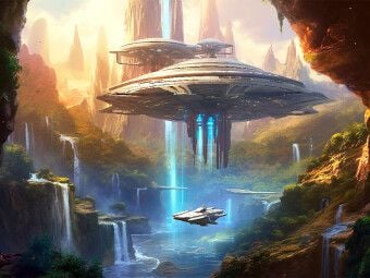 Produktbild: CALVENDO Puzzle Science Fiction - Reise zu fremden Planeten - Wasserfall Besucher | 1000 Teile Lege-Gr&ouml;&szlig;e 64x48cm Foto-Puzzle f&uuml;r gl&uuml;ckliche Stunden