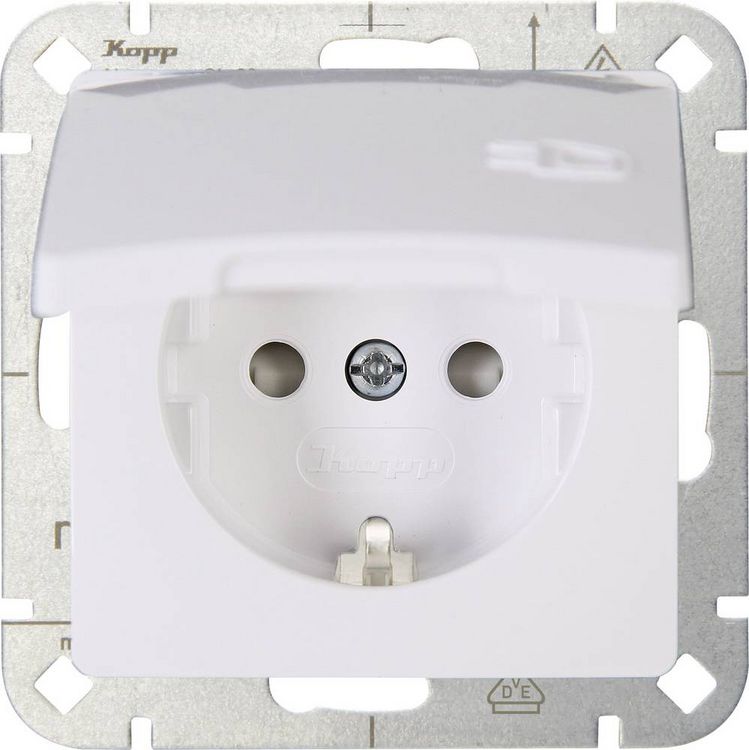 Produktbild: Kopp 1fach Einsatz Schutzkontakt-Steckdose mit Klappdeckel HK05 Arktis-Wei&szlig; 920802008 1 St.