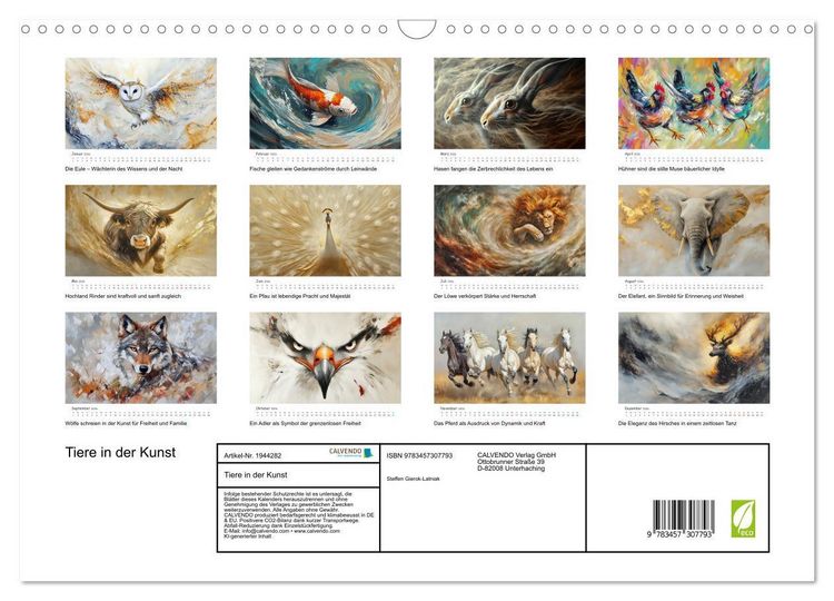 Produktbild: Tiere in der Kunst (Wandkalender 2026 DIN A3 quer), CALVENDO Monatskalender