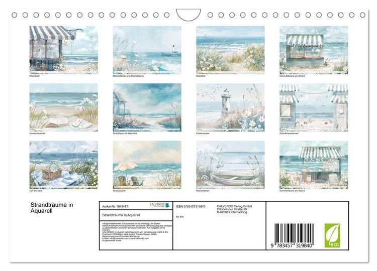 Produktbild: Strandtr&auml;ume in Aquarell (Wandkalender 2026 DIN A4 quer), CALVENDO Monatskalender