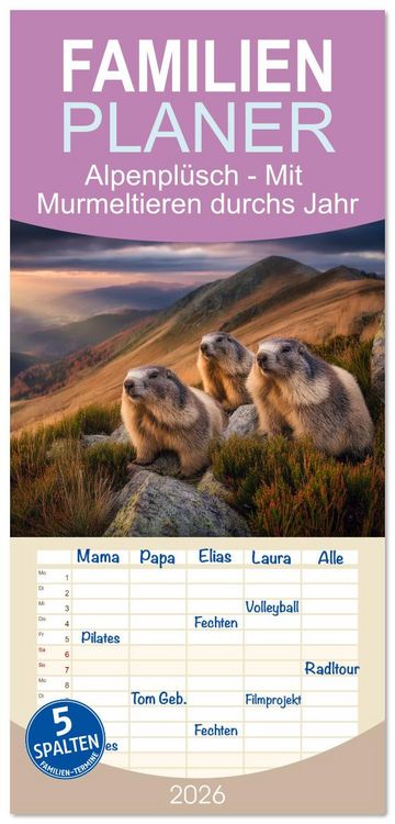 Produktbild: Familienplaner 2026 - Alpenpl&uuml;sch - Mit Murmeltieren durchs Jahr mit 5 Spalten (Wandkalender, 21 x 45 cm) CALVENDO