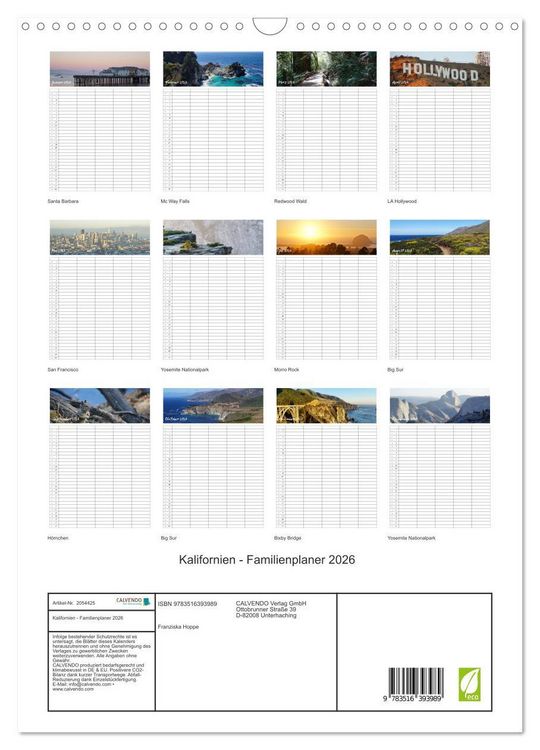 Produktbild: Kalifornien - Familienplaner 2026 (Wandkalender 2026 DIN A3 hoch), CALVENDO Monatskalender