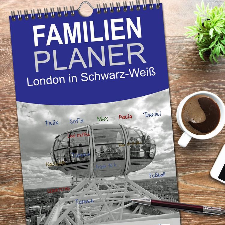 Produktbild: Familienplaner 2026 - London in Schwarz-Wei&szlig; mit 5 Spalten (Wandkalender, 21 x 45 cm) CALVENDO