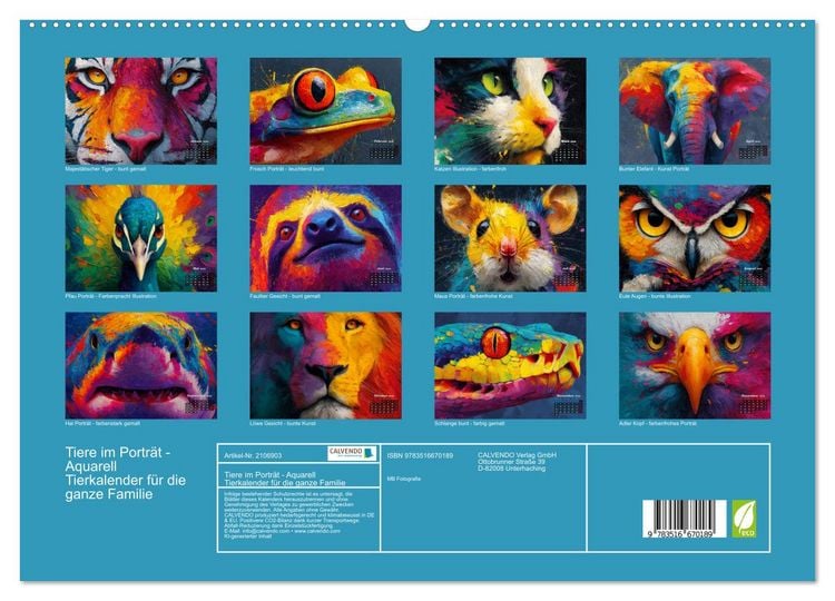 Produktbild: Tiere im Portr&auml;t - Aquarell Tierkalender f&uuml;r die ganze Familie (hochwertiger Premium Wandkalender 2026 DIN A2 quer), Kunstdruck in Hochglanz