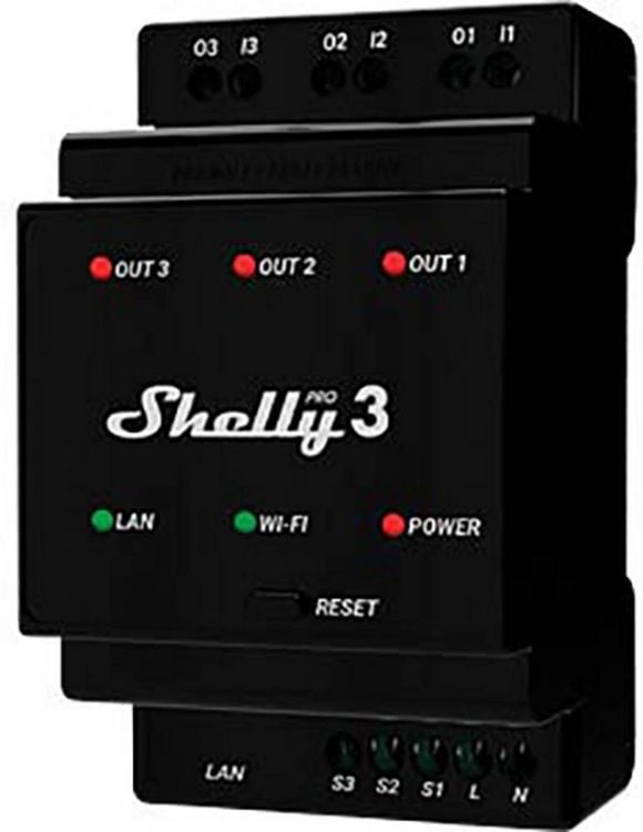 Produktbild: Shelly Pro 3 Hutschienenrelais Wi-Fi, Bluetooth