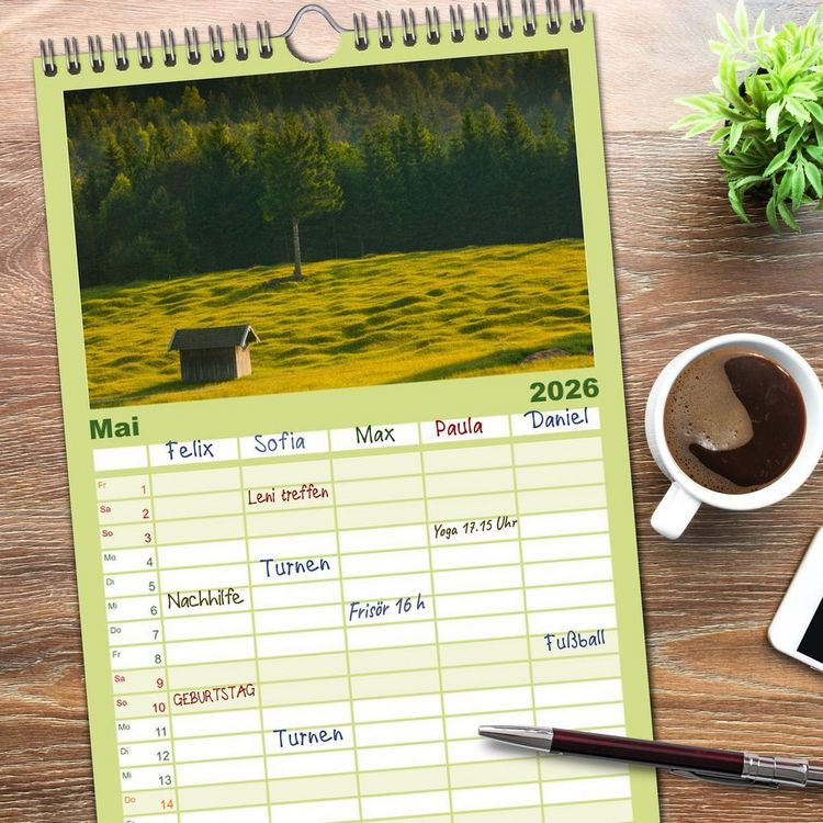 Produktbild: Familienplaner 2026 - Bayerische Landschaften mit 5 Spalten (Wandkalender, 21 x 45 cm) CALVENDO