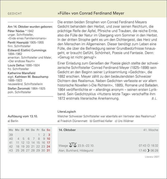 Produktbild: Literatur Tagesabrei&szlig;kalender 2027 - Kulturkalender - Autoren, Werke, H&ouml;rb&uuml;cher