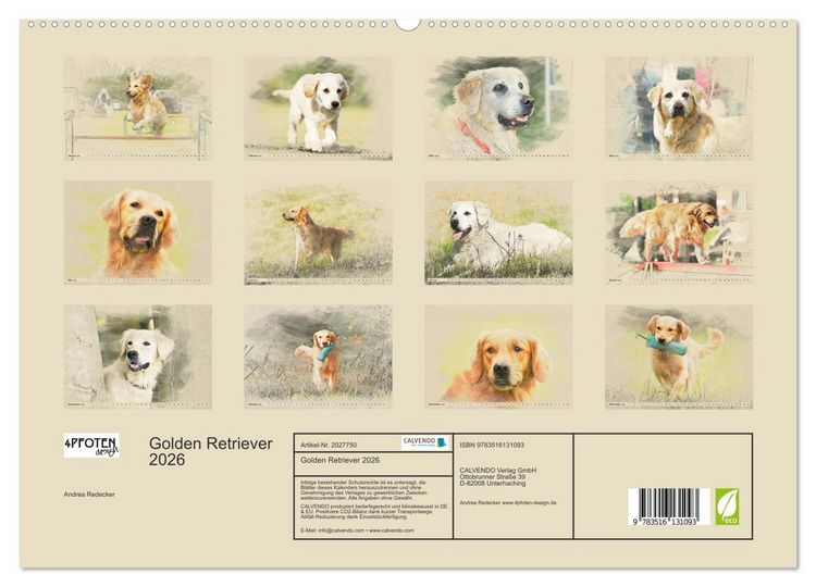 Produktbild: Golden Retriever 2026 (hochwertiger Premium Wandkalender 2026 DIN A2 quer), Kunstdruck in Hochglanz