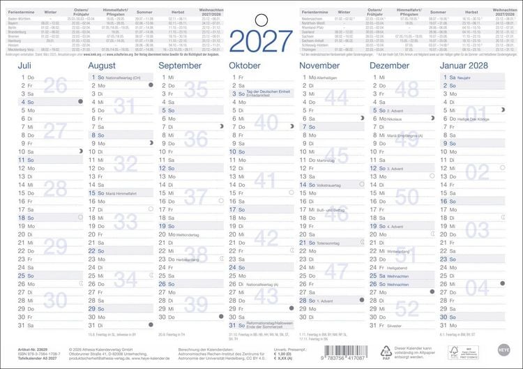 Produktbild: Tafelkalender A5 2027