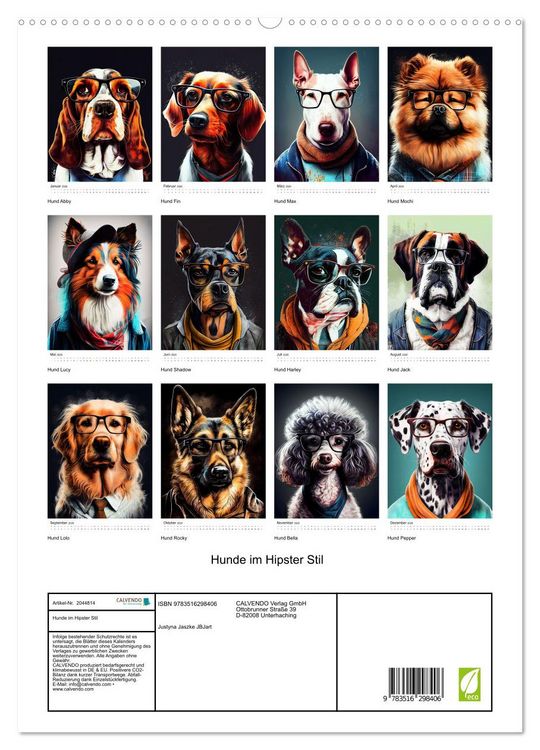 Produktbild: Hunde im Hipster Stil (hochwertiger Premium Wandkalender 2026 DIN A2 hoch), Kunstdruck in Hochglanz