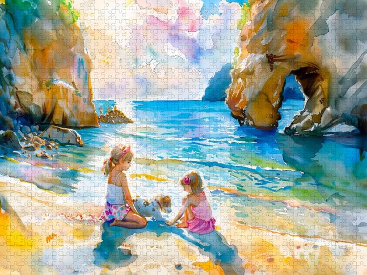 Produktbild: CALVENDO Puzzle Zwei M&auml;dchen mit Hund am Felsentor | 1000 Teile Lege-Gr&ouml;&szlig;e 64x48cm Foto-Puzzle f&uuml;r gl&uuml;ckliche Stunden