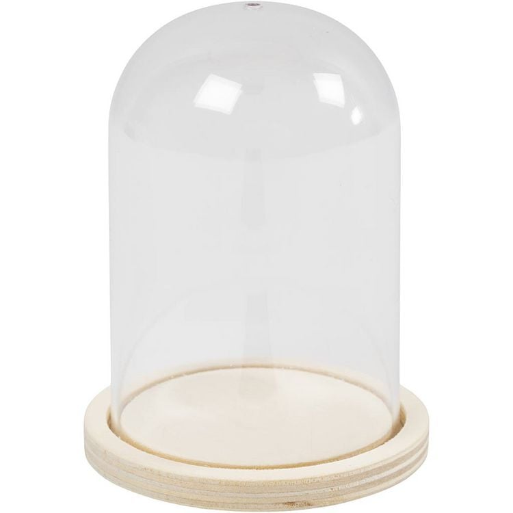 Produktbild: Creativ Company Plastikglas Glocke auf Holzfu&szlig;, H 9,5 cm, D 6 cm, Lochgr&ouml;&szlig;e 3 mm, 1 Stk